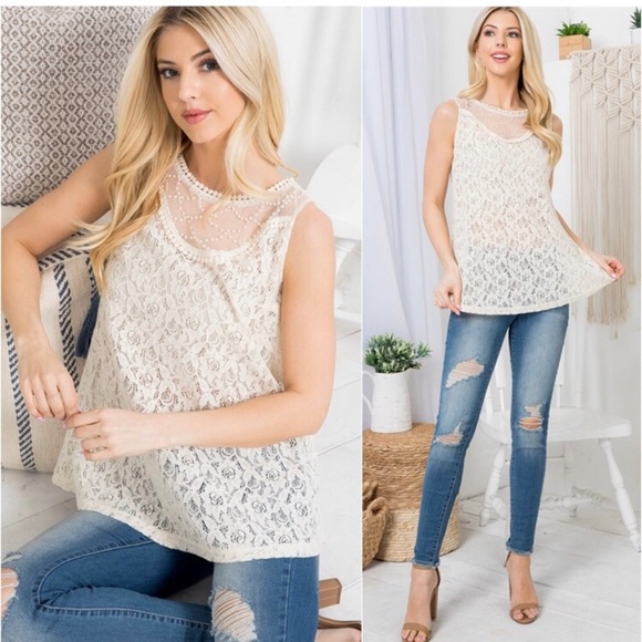 LAST ONE: Elegant ivory lace pearl embellished mesh blouse top - Picture 3 of 4